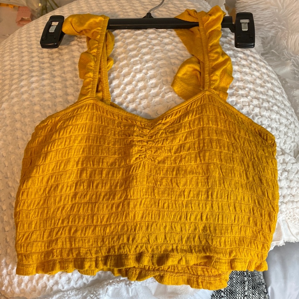 Crop top yellow cute ruffles on sleeves size XS
